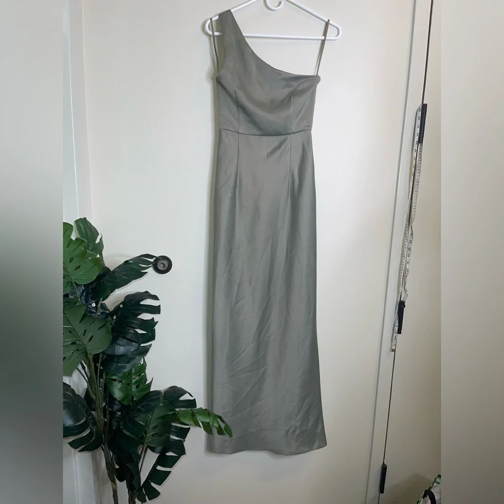 BHLDN Anthropologie Dylan One Shoulder Satin Side Slit Gown Green NEW Size 6 - Picture 4 of 13